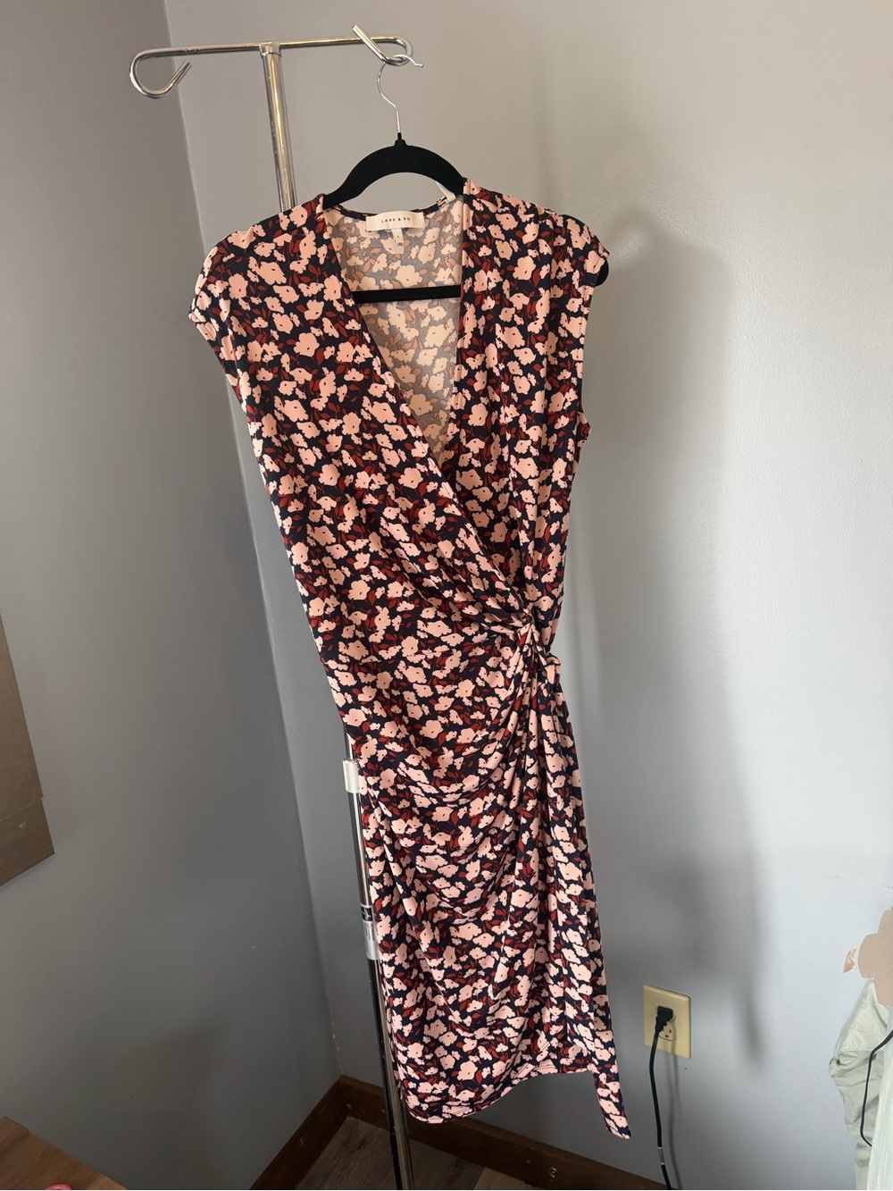 Lark & Ro Navy Floral Wrap Midi Dress with Pink Blossoms